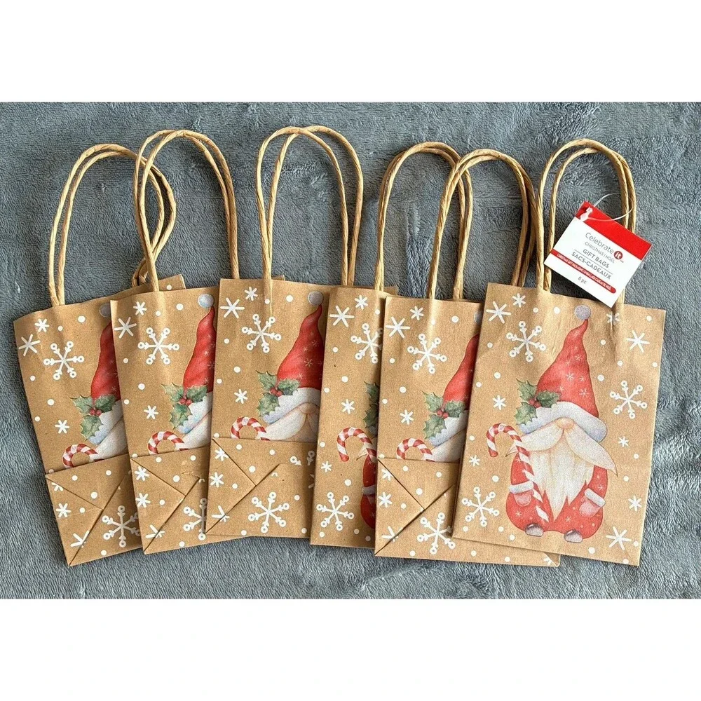 Set of 6 Mini Christmas Gift Bags Gnome Kraft Paper Holiday Bags